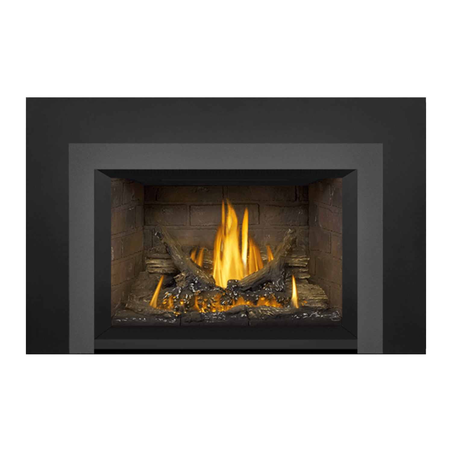 Gas fireplace insert showing stone firebox and glowing logs with tall yellow flames