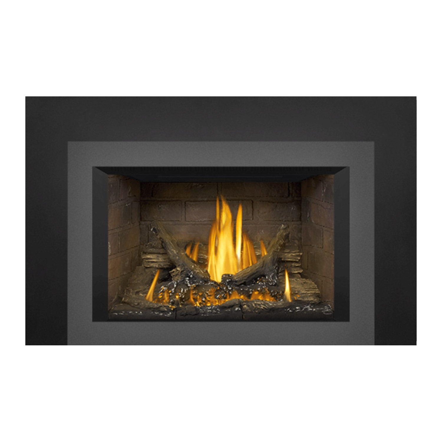 Gas fireplace insert with dark outer frame and stone back, burning logs and bright flames