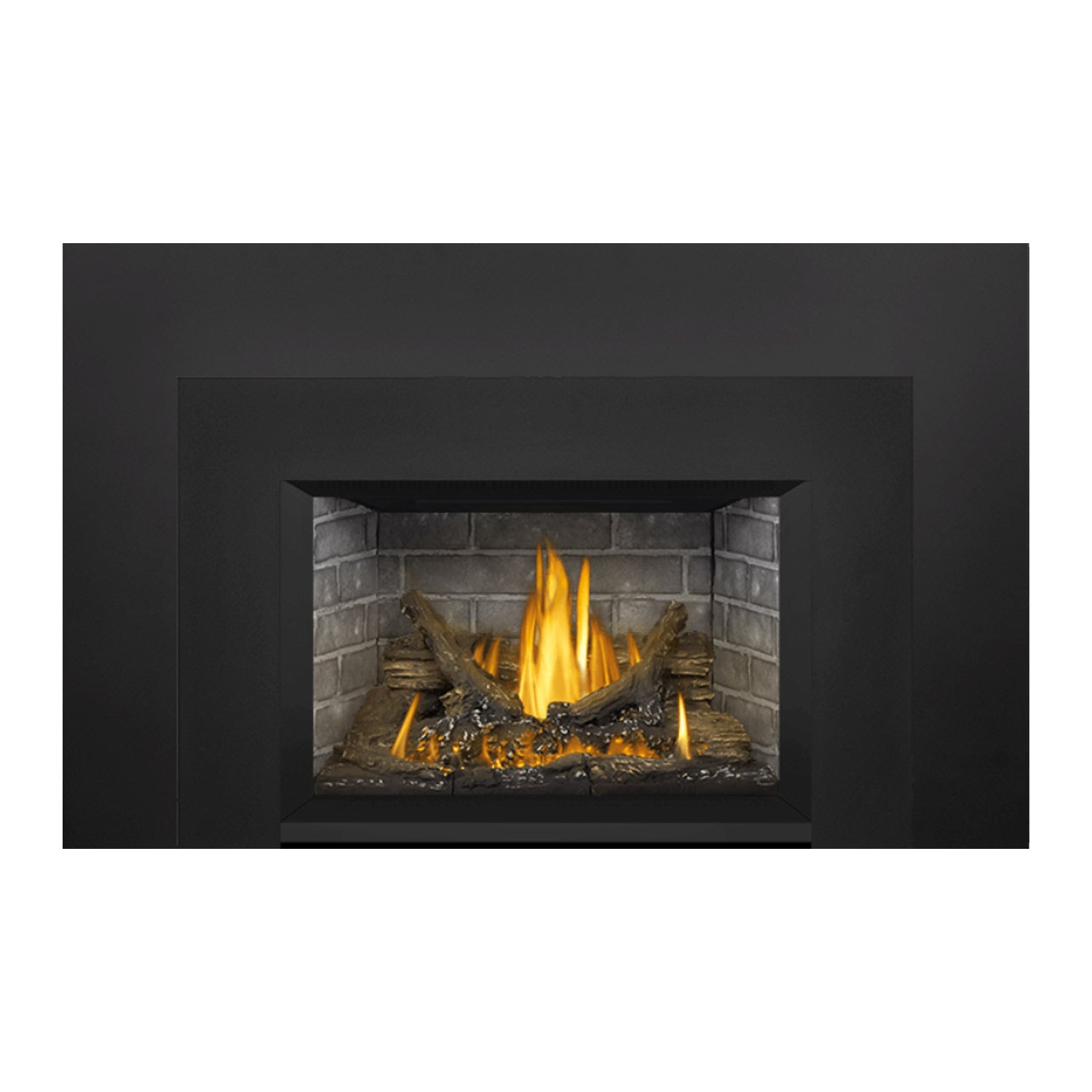 Gas fireplace insert with dark surround and gray brick firebox, bright flames over logs.