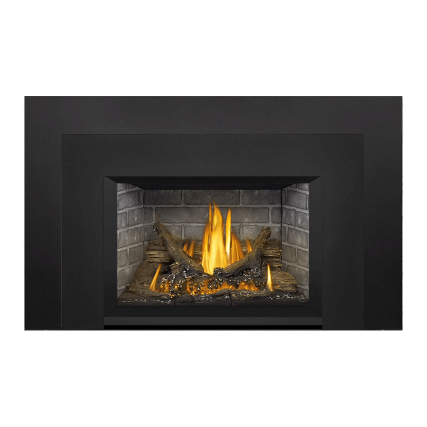 Gas fireplace insert with dark trim and flames burning in the stone interior