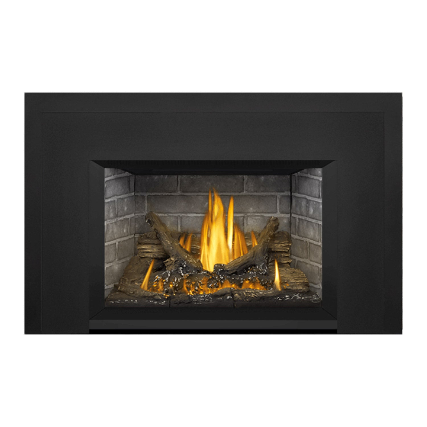 Gas fireplace insert with dark surround and a lit fire in a stone firebox