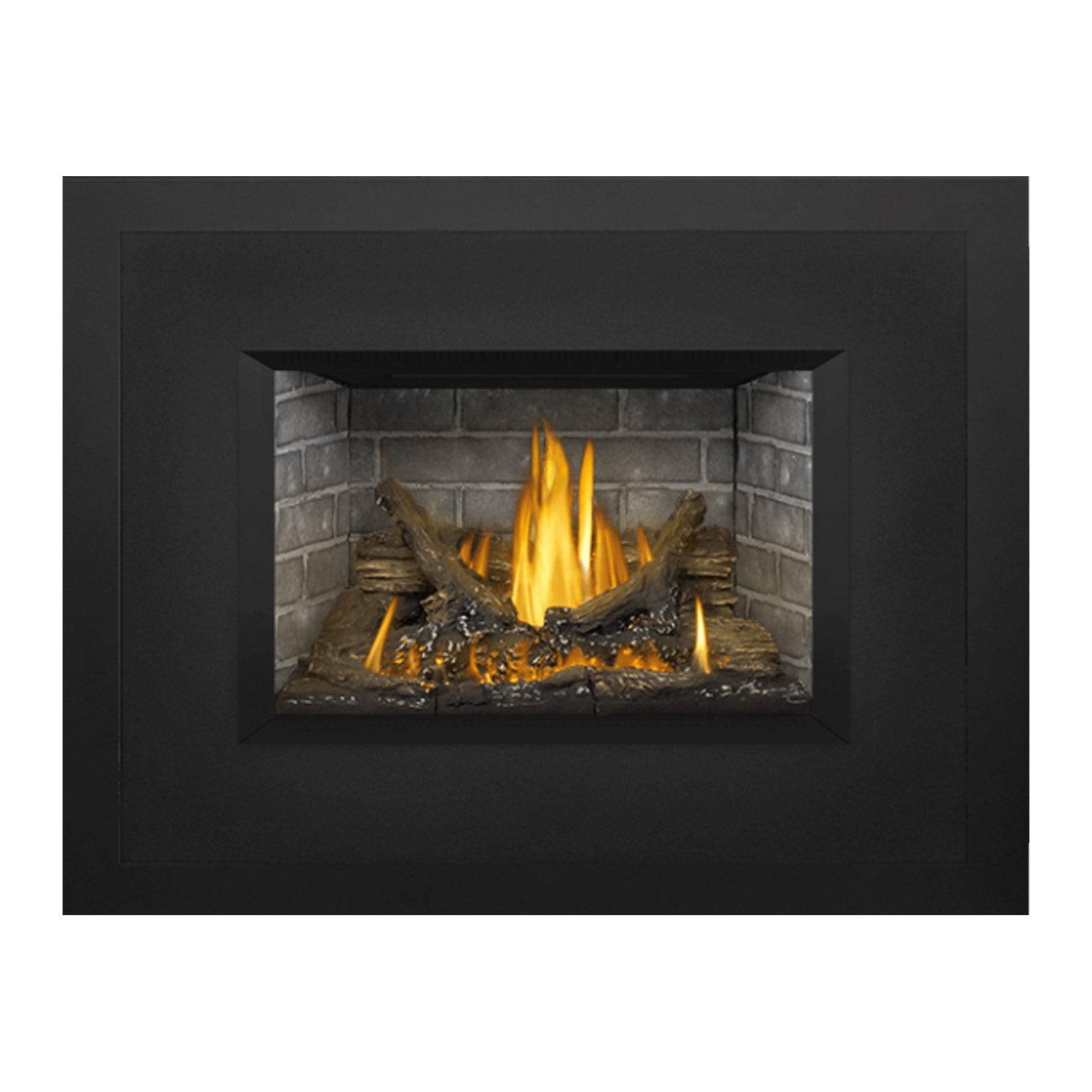 Fireplace insert with active flames over logs, set in a dark metal opening