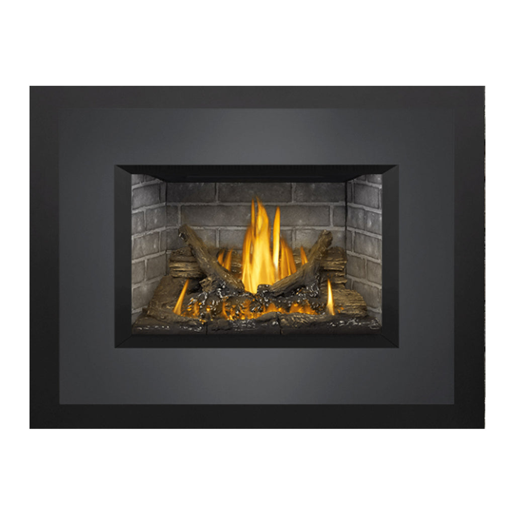 Direct vent fireplace insert displaying flames and logs framed by dark trim