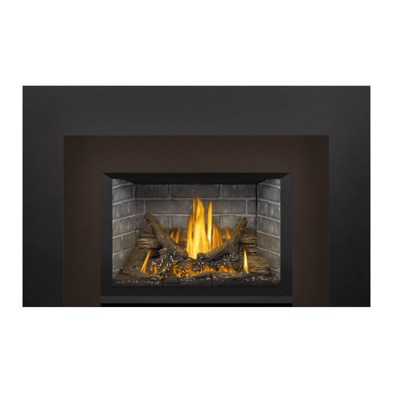 Gas fireplace insert with dark frame and glowing fire flames in a stone-lined box