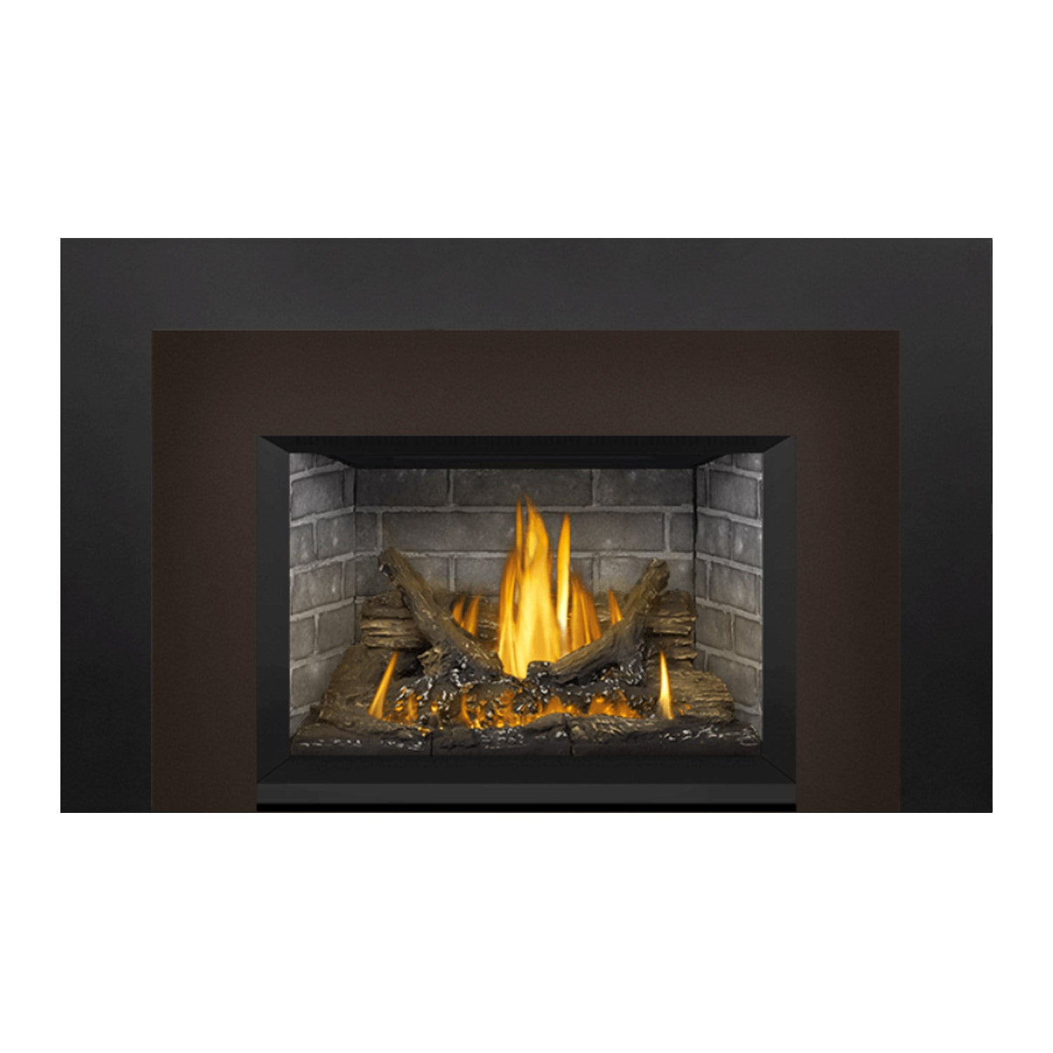 Gas fireplace insert with dark mantel-style surround, gray brick interior, burning logs.