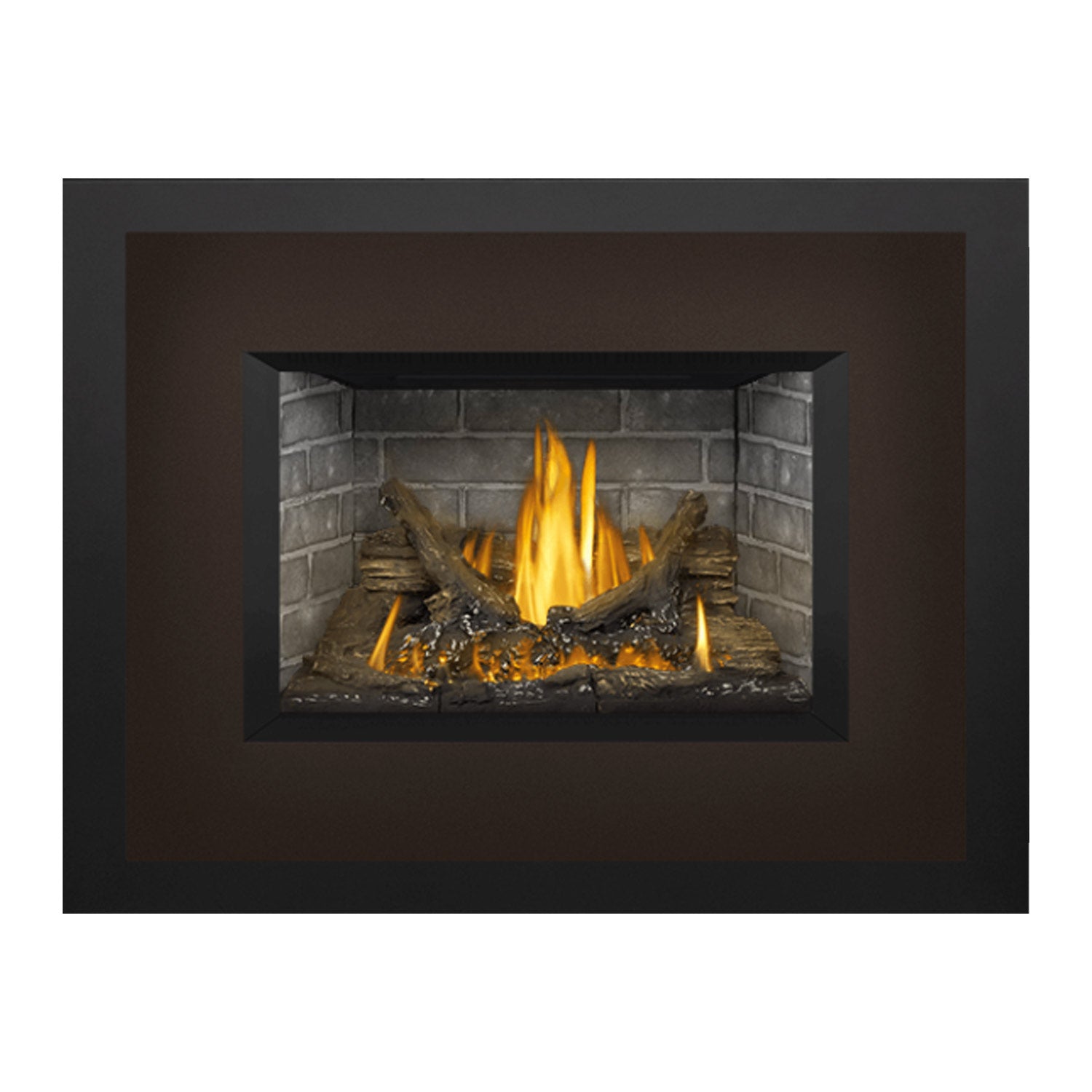 Gas fireplace insert front view with burning logs and glowing embers in firebox