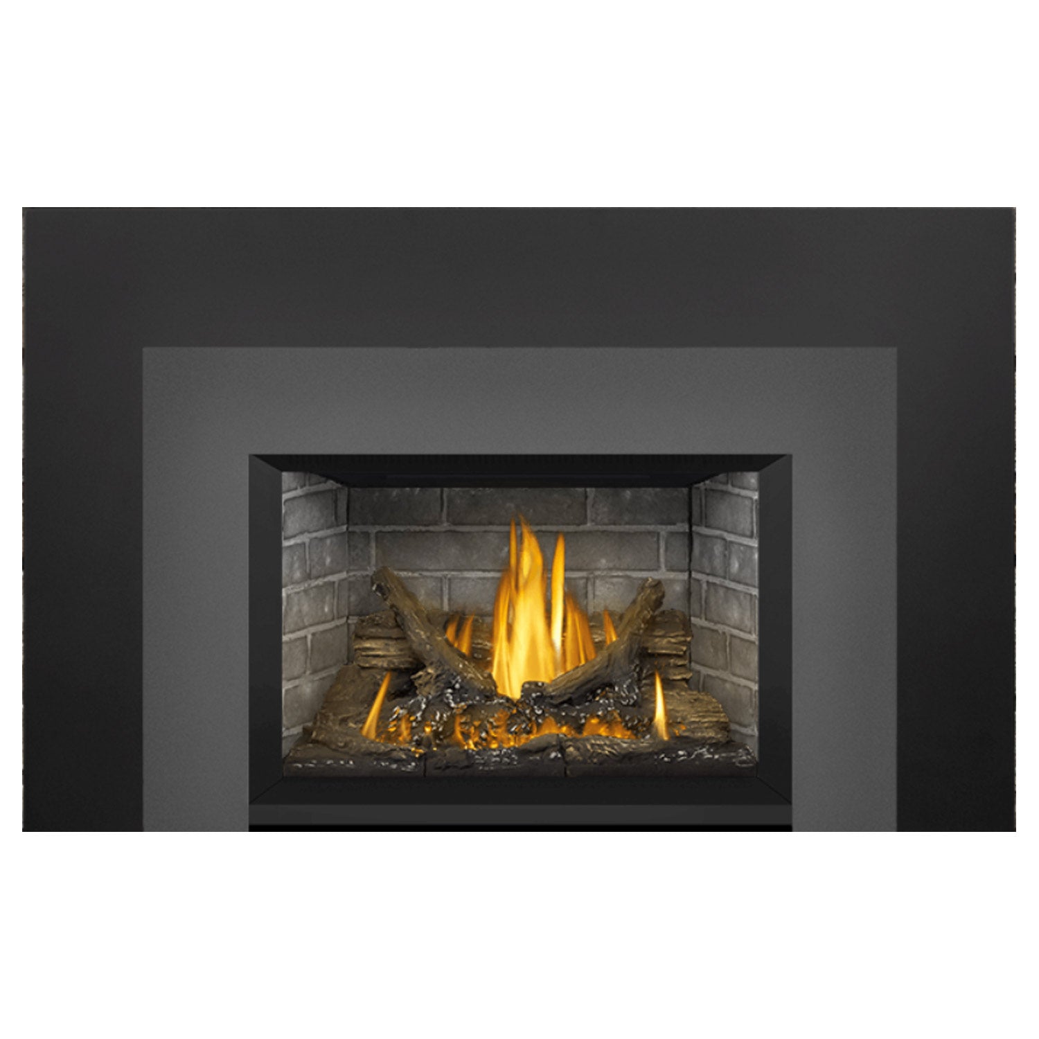 Direct vent fireplace insert showing burning logs through the firebox opening