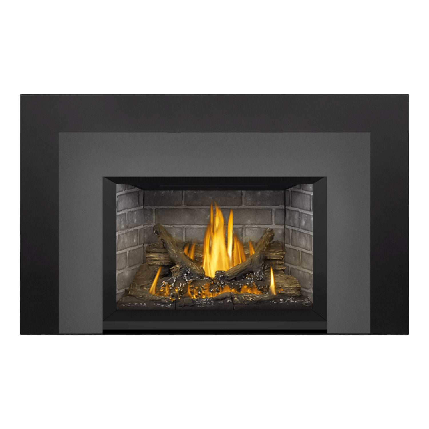 Gas fireplace insert with dark frame, gray brick firebox, flames rising from burning logs.