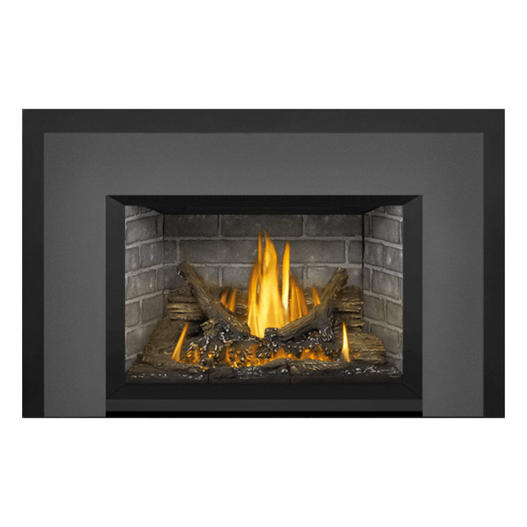 Gas fireplace insert centered in dark surround, gray brick back, glowing flames and embers.