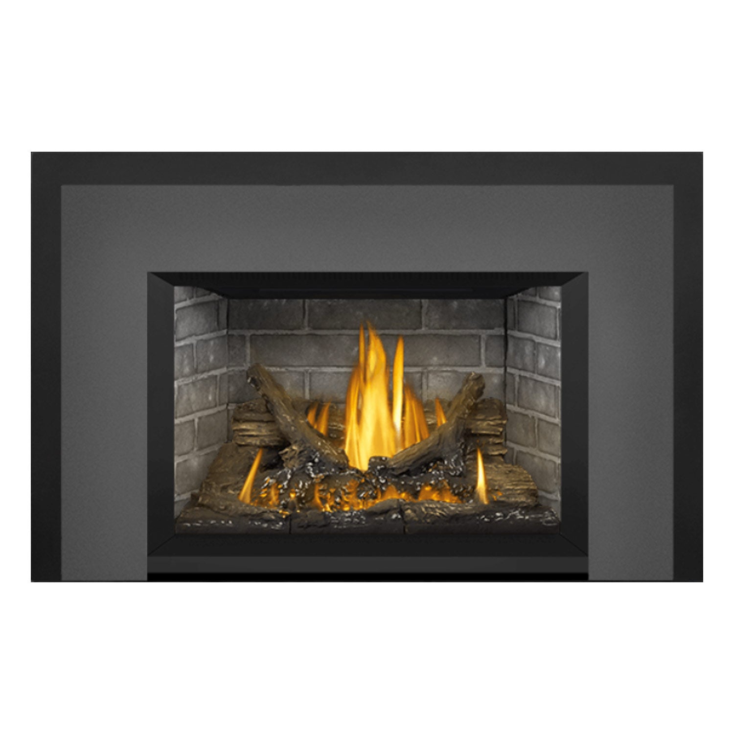Gas fireplace insert centered in dark surround, gray brick back, glowing flames and embers.