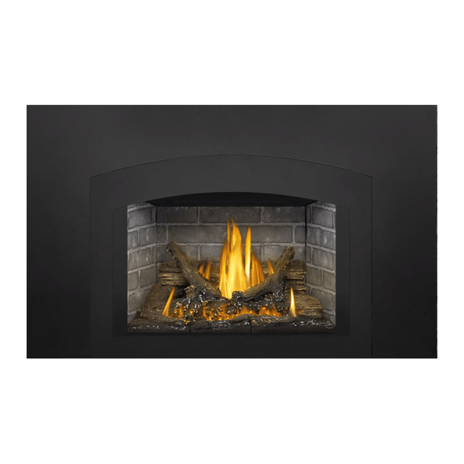 Black direct vent gas fireplace insert with arched surround and orange flames