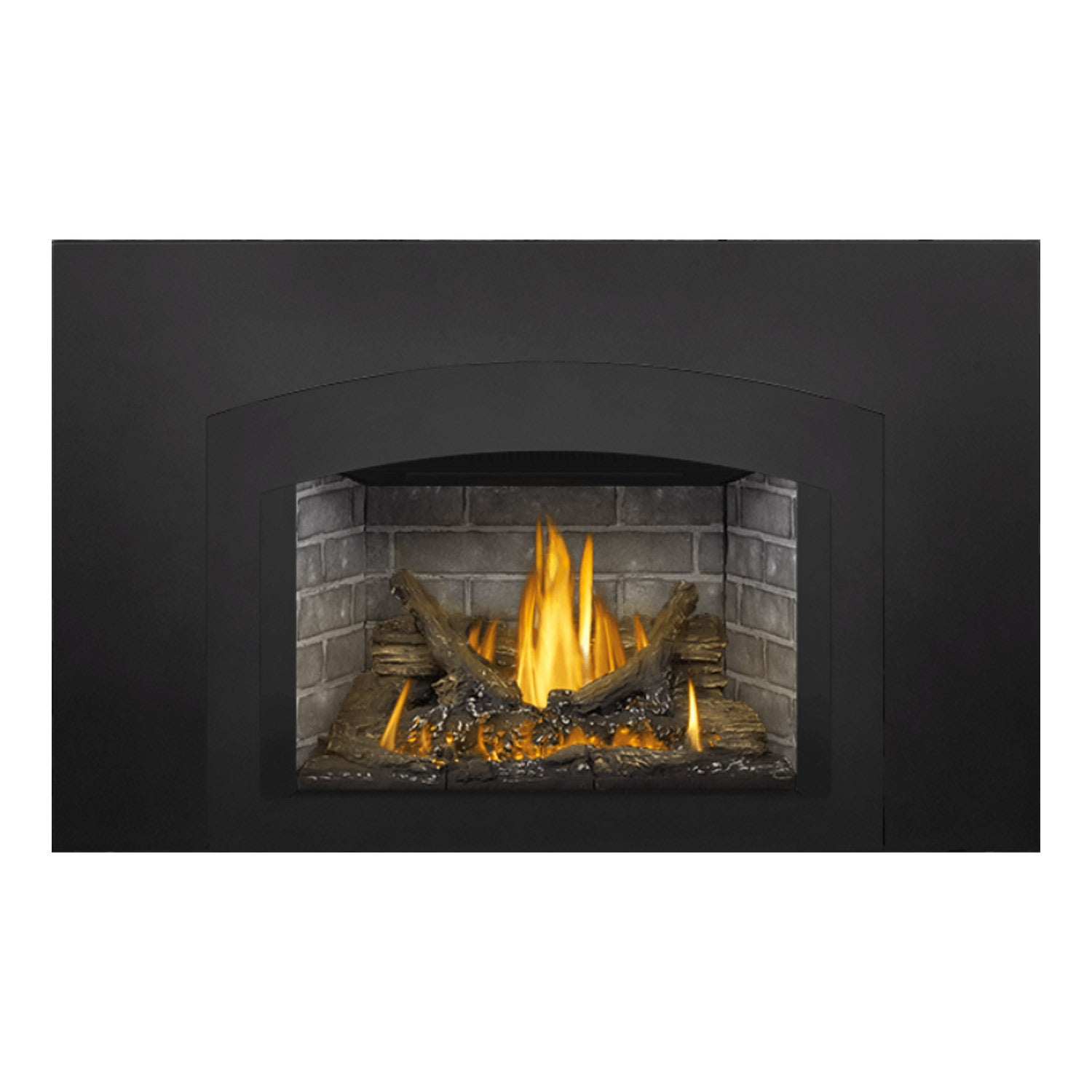 Black direct vent gas fireplace insert with arched opening and burning logs