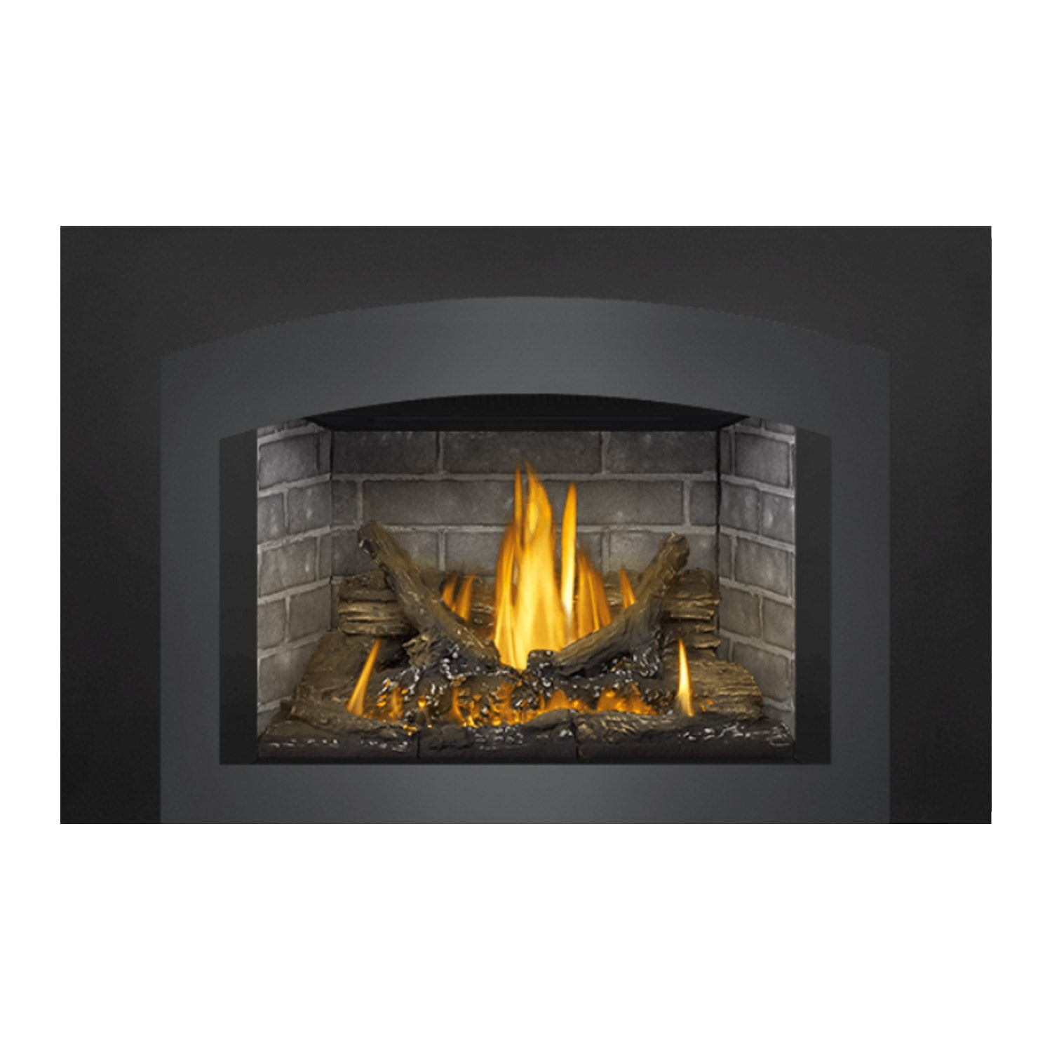 Direct vent gas fireplace insert with dark surround, stone back, and lit logs with tall central flames