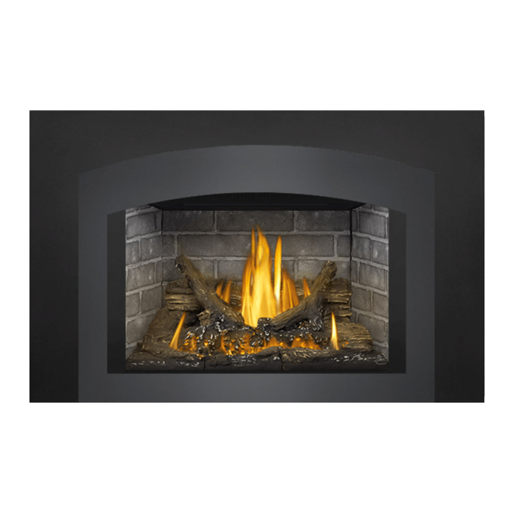 Gas fireplace insert showing glowing flames behind a stone back panel