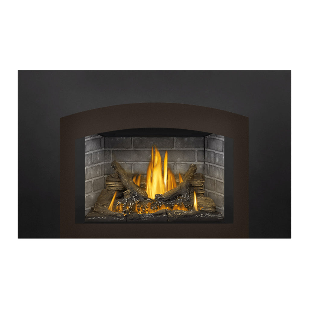 Black direct vent gas fireplace insert with centered flames and dark stone backdrop