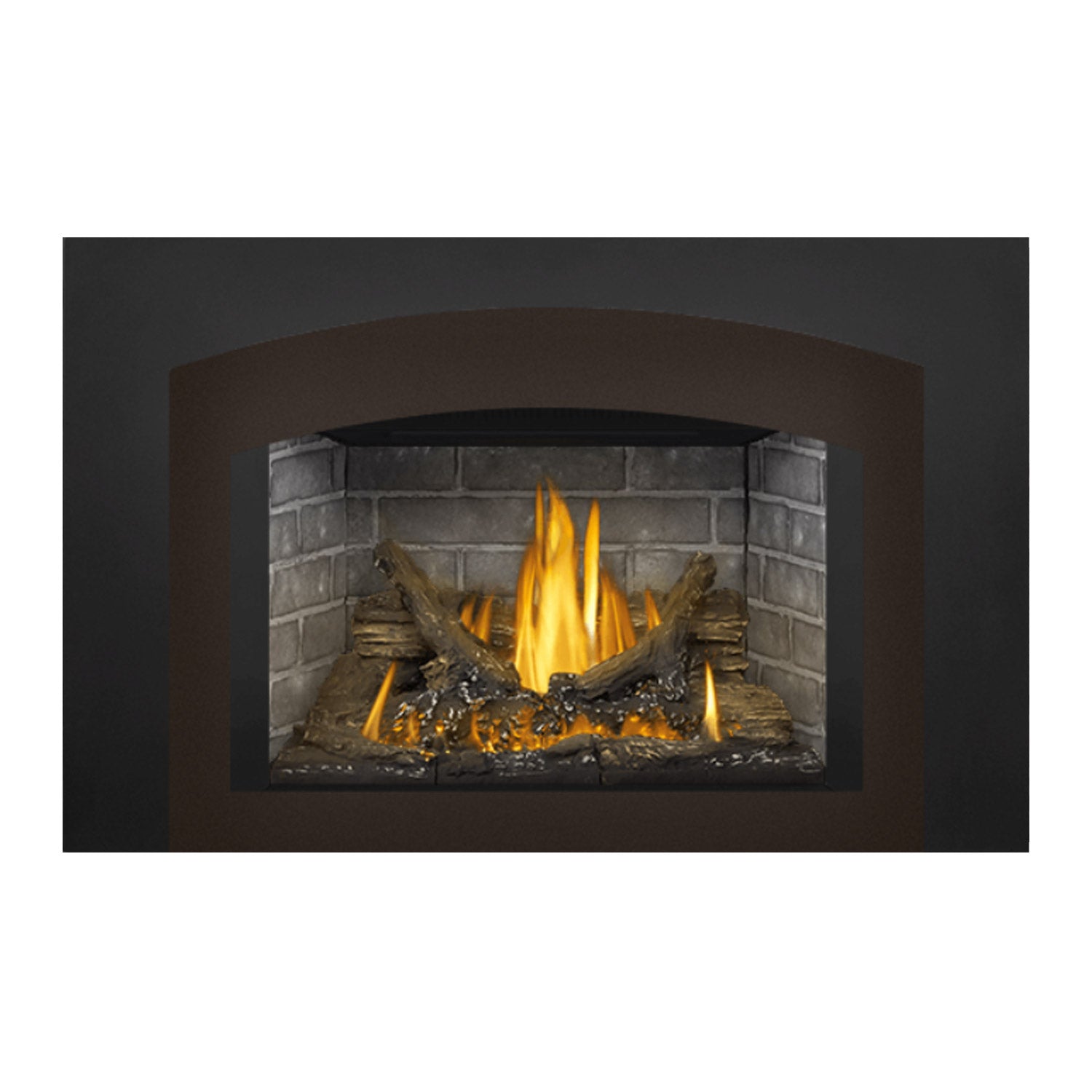 Direct vent gas fireplace insert with dark surround, stone back, and lit logs with tall flames