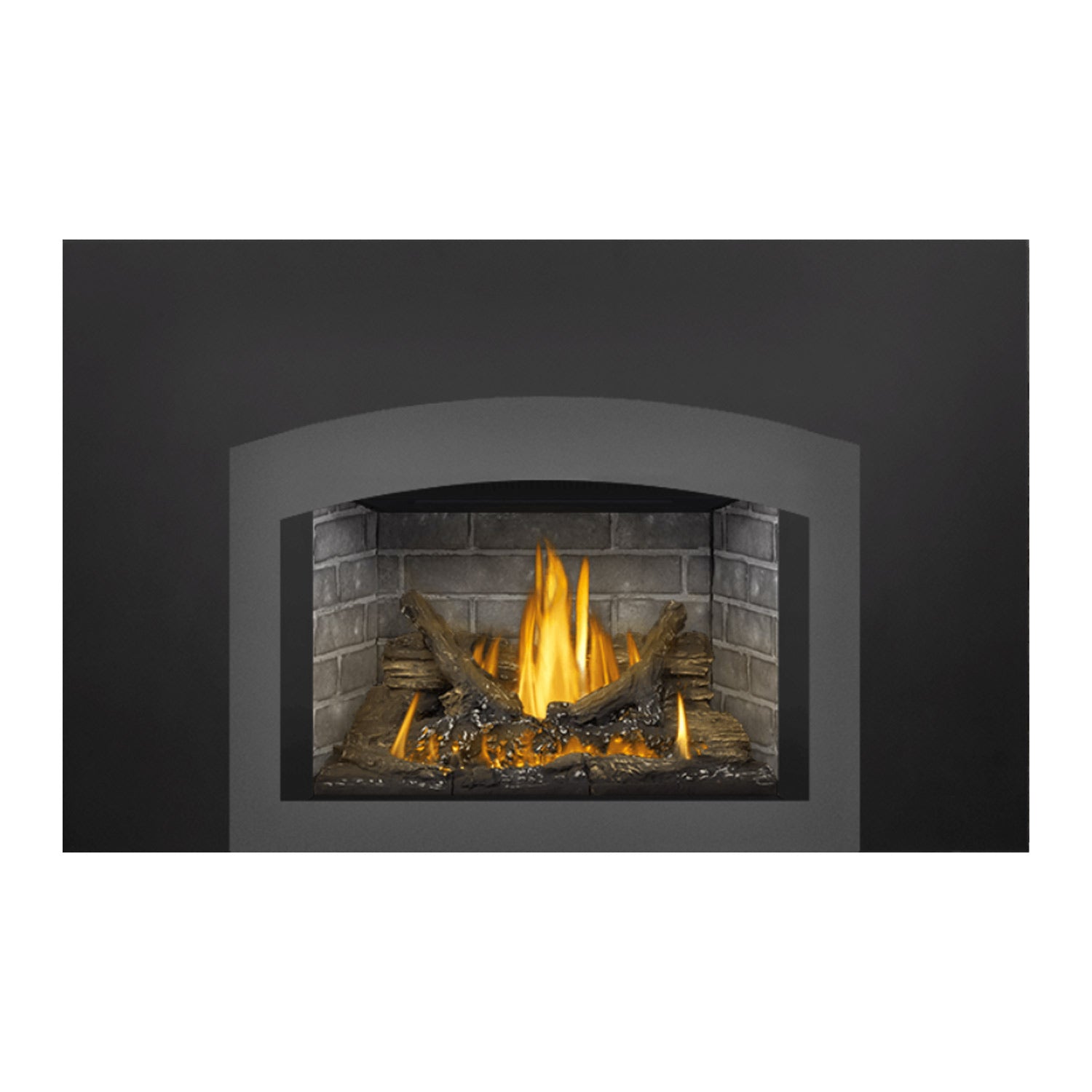 Direct vent gas fireplace insert with dark surround, stone back, and lit logs with steady flames