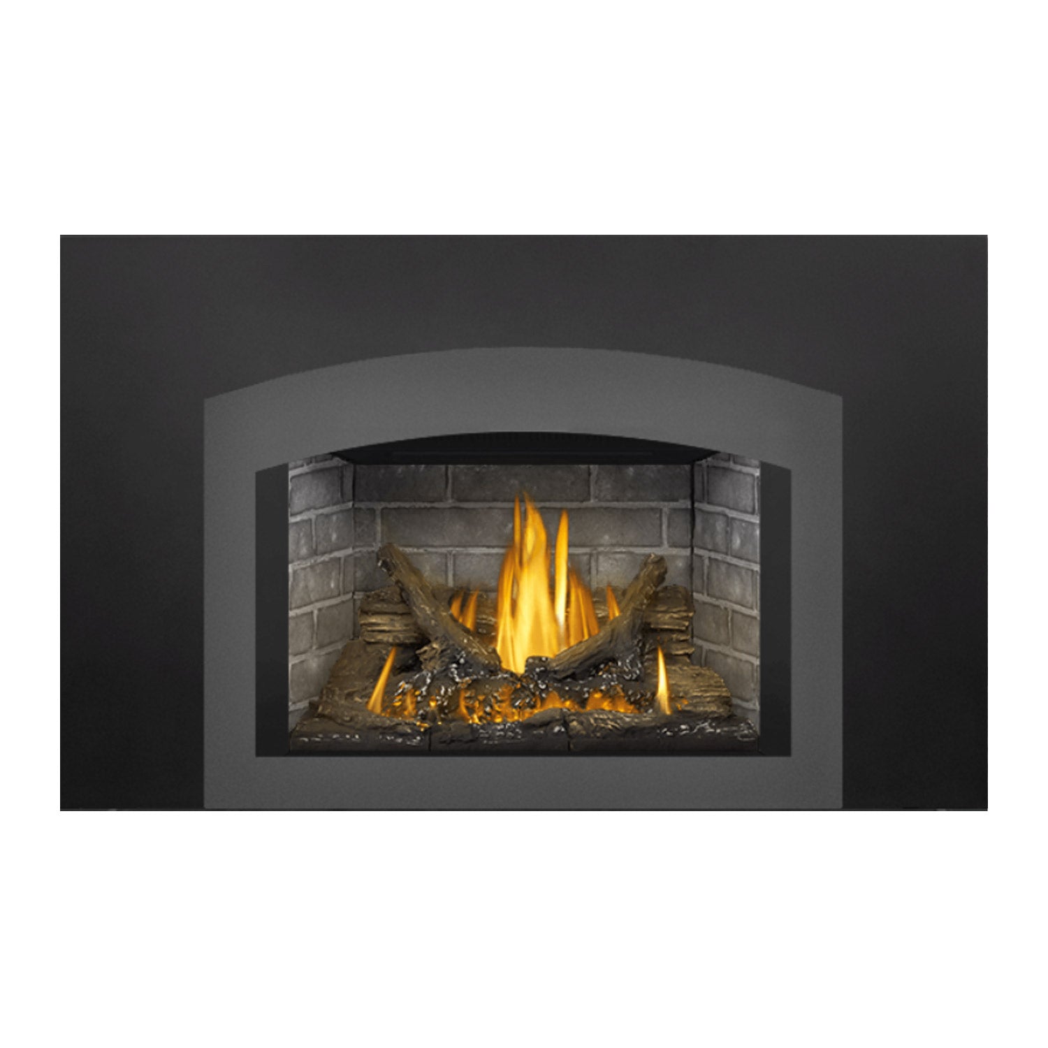 Direct vent gas fireplace insert with dark surround, stone back, and lit logs with centered flames