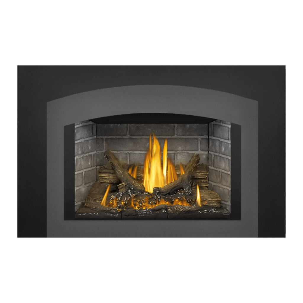Black direct vent gas fireplace insert showing burning logs and bright yellow flames