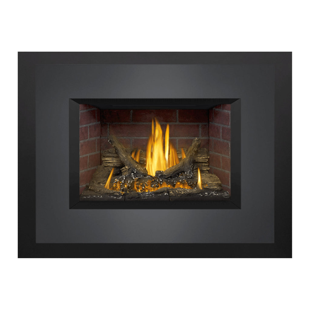Gas fireplace insert with dark outer trim, brick interior, visible flames and embers.