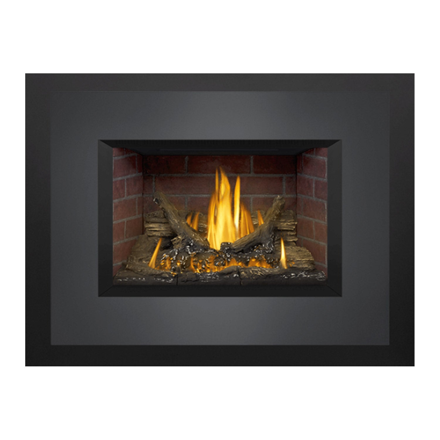 Black direct vent gas fireplace insert with yellow-orange flames and log firebed
