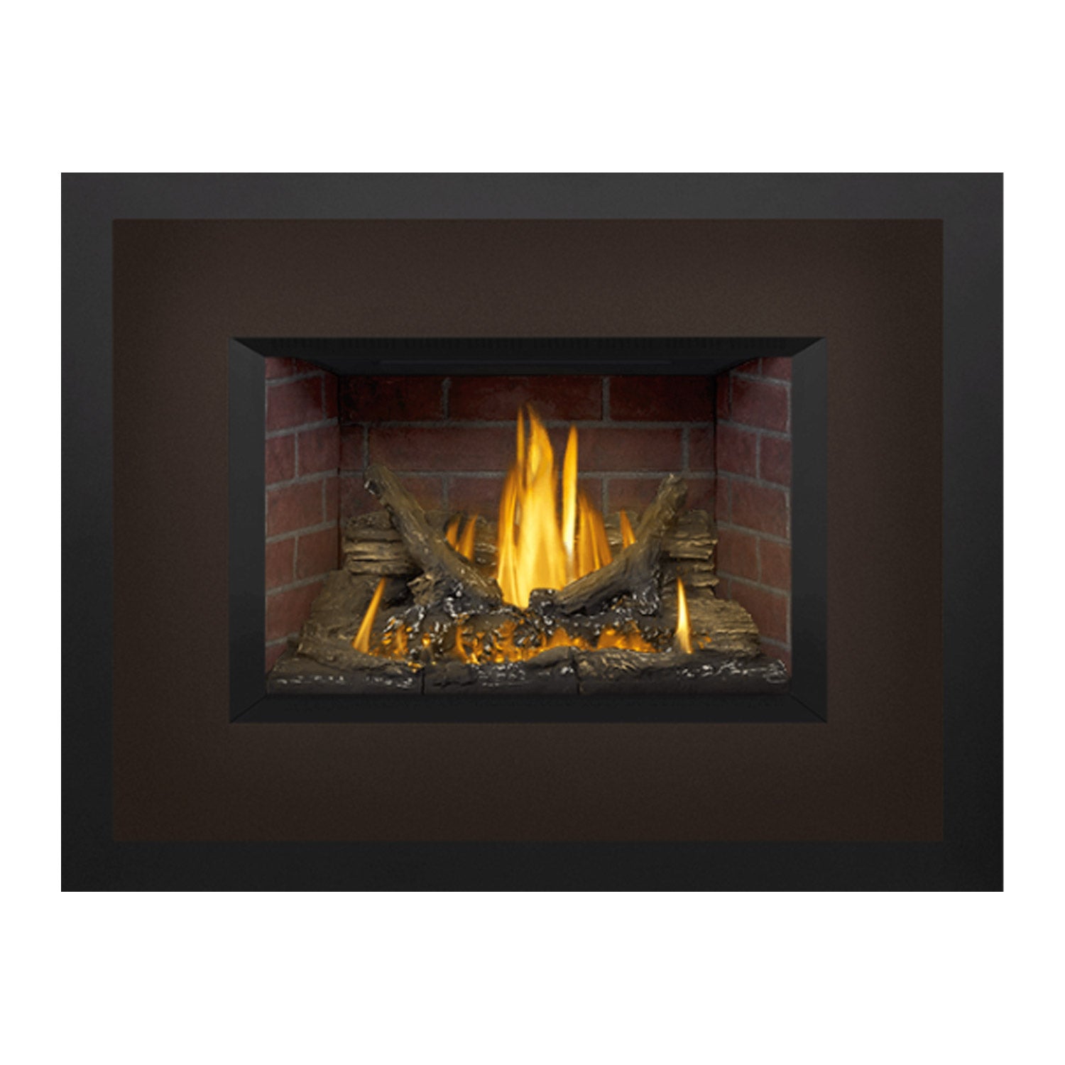 Black direct vent gas fireplace insert with burning logs and glowing embers