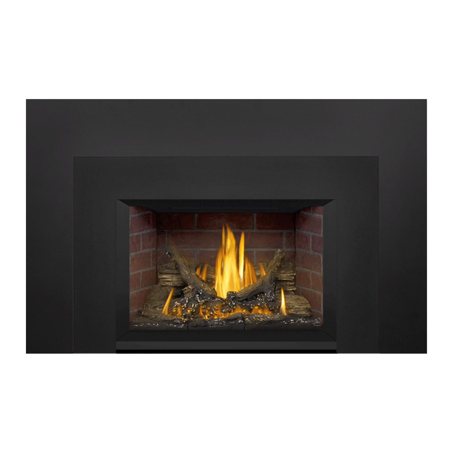 Gas fireplace insert with brick firebox, visible flames and glowing charcoal bed.