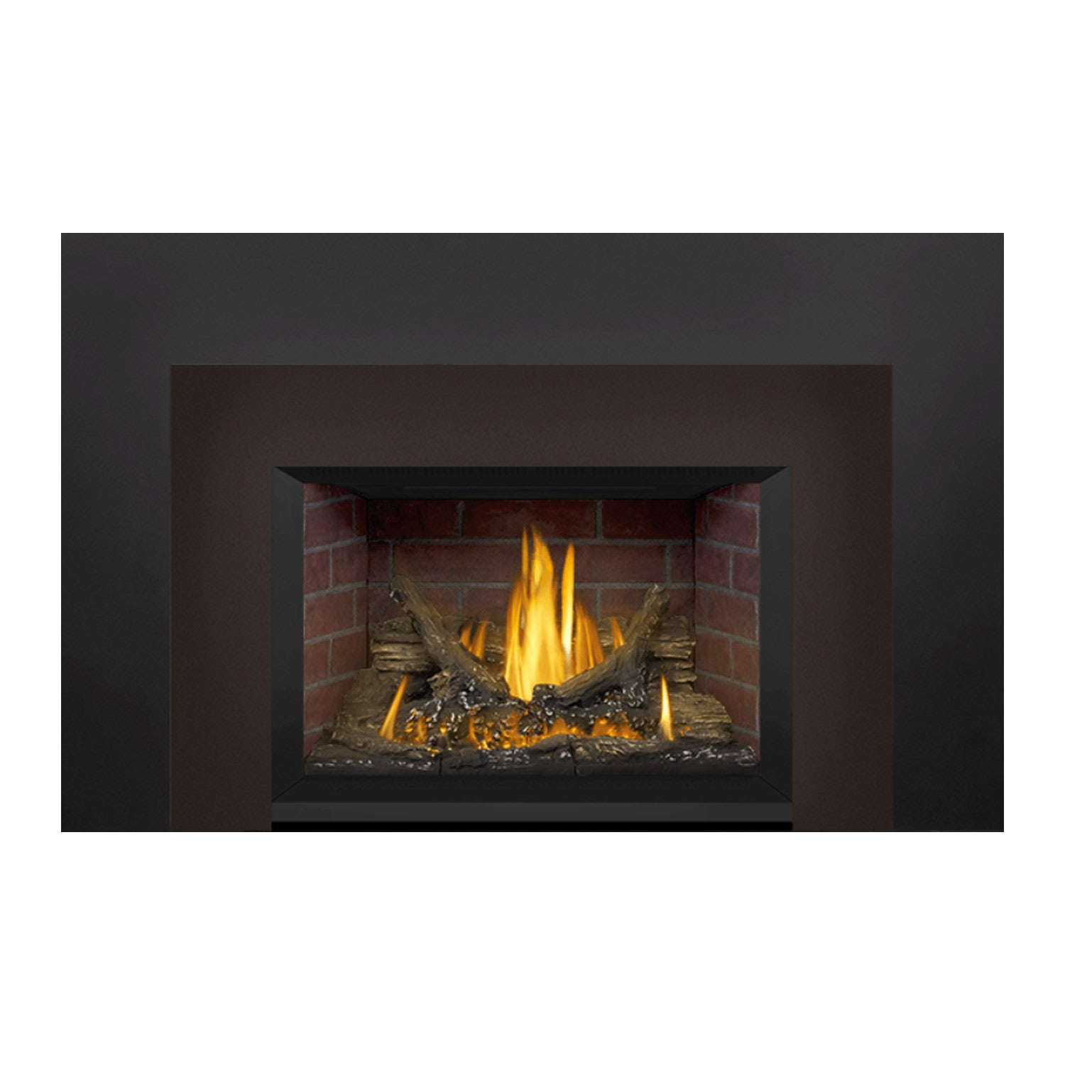 Gas fireplace insert with black trim, brick firebox, glowing yellow flames over logs.