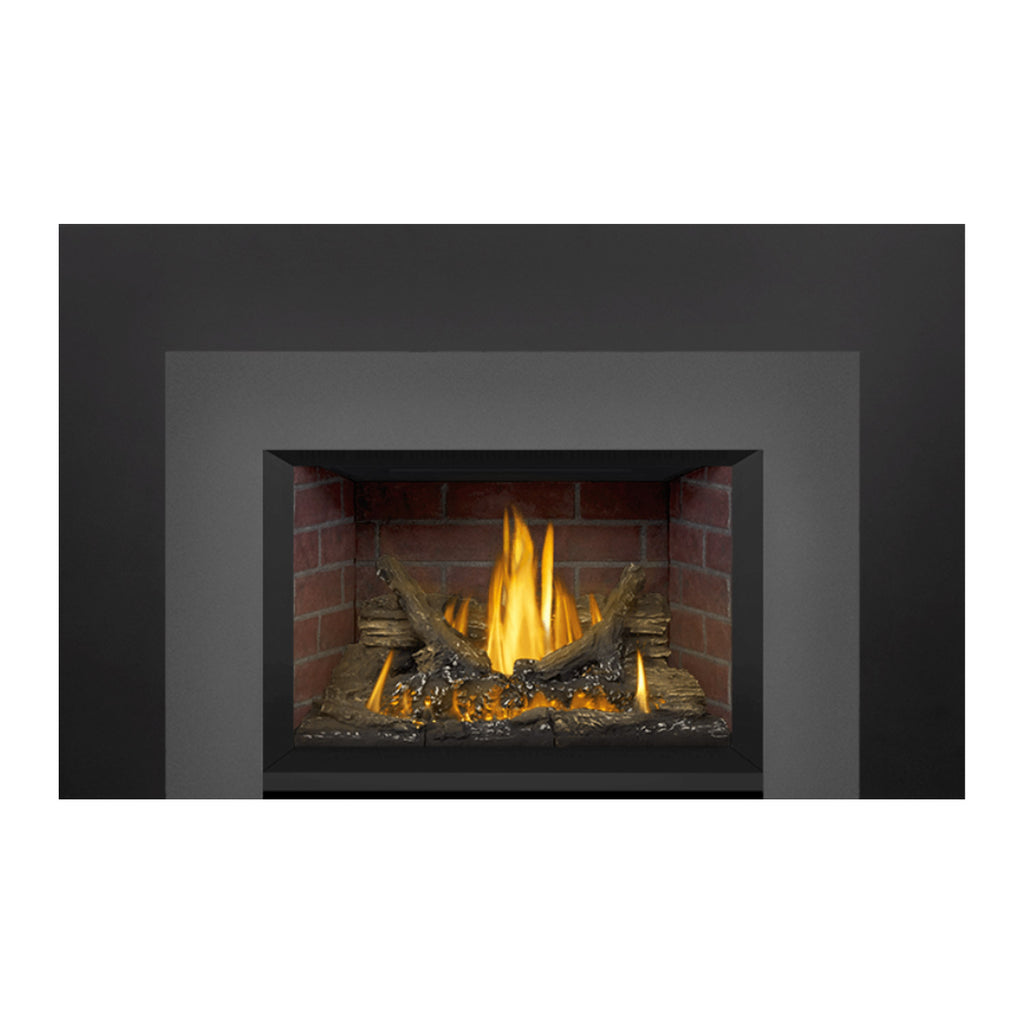 Black gas fireplace insert with brick firebox, logs, and glowing yellow flames