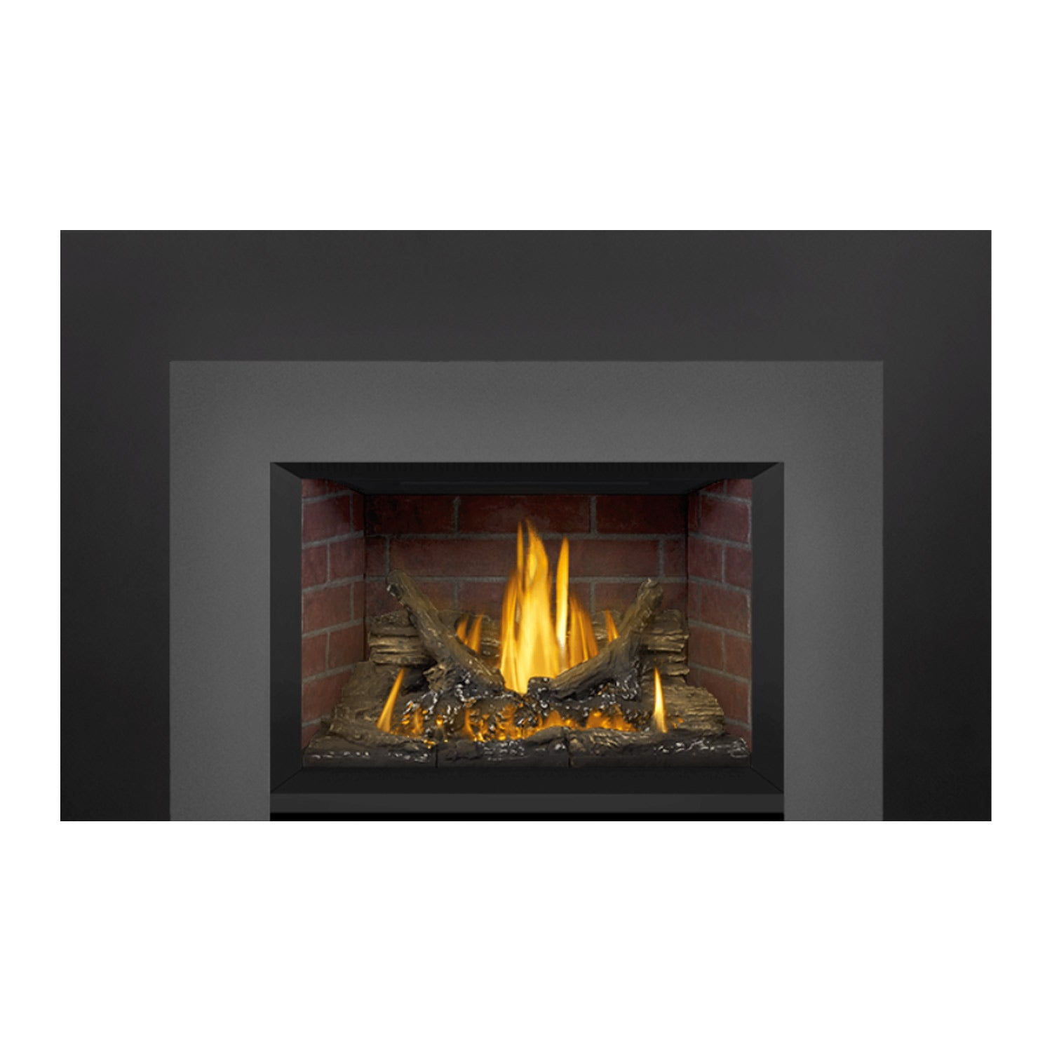 Black gas fireplace insert with brick firebox, logs, and glowing yellow flames