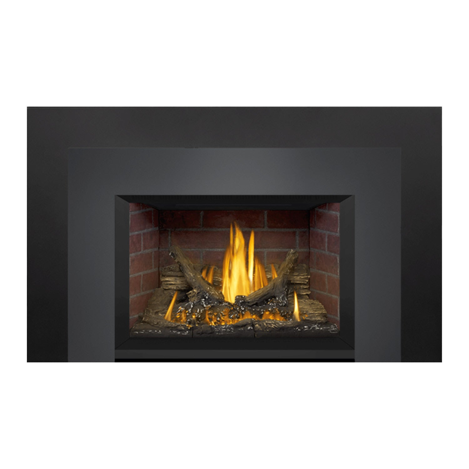 Direct vent gas fireplace insert, black frame around brick firebox with burning flame and logs