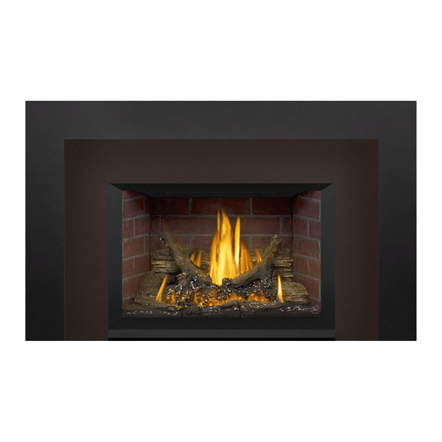 Direct vent gas fireplace insert with black surround, brick interior, and glowing flame with logs