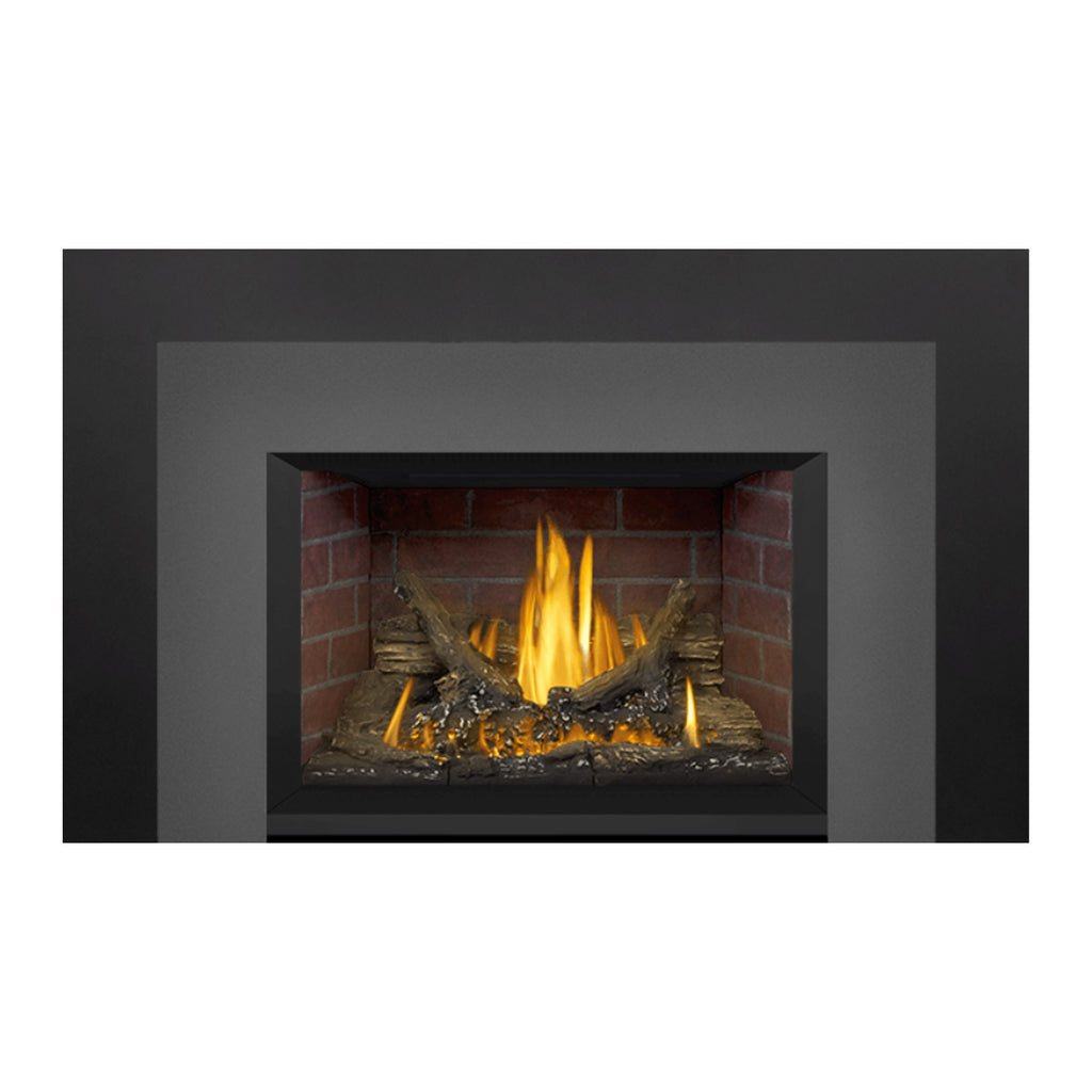 Gas fireplace insert with brick firebox and burning flame, centered view.