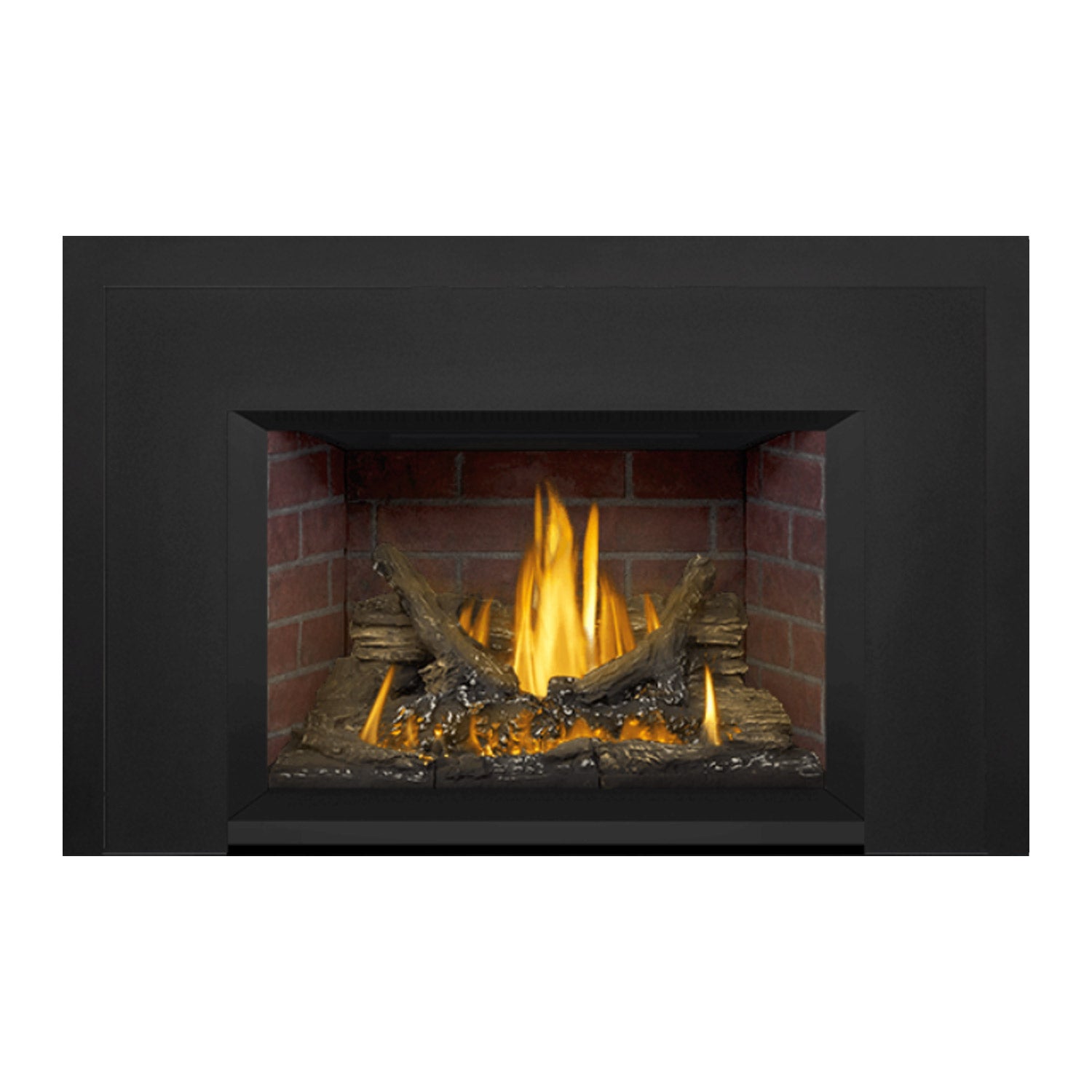 Gas fireplace insert with brick firebox and tall flames over blackened logs.