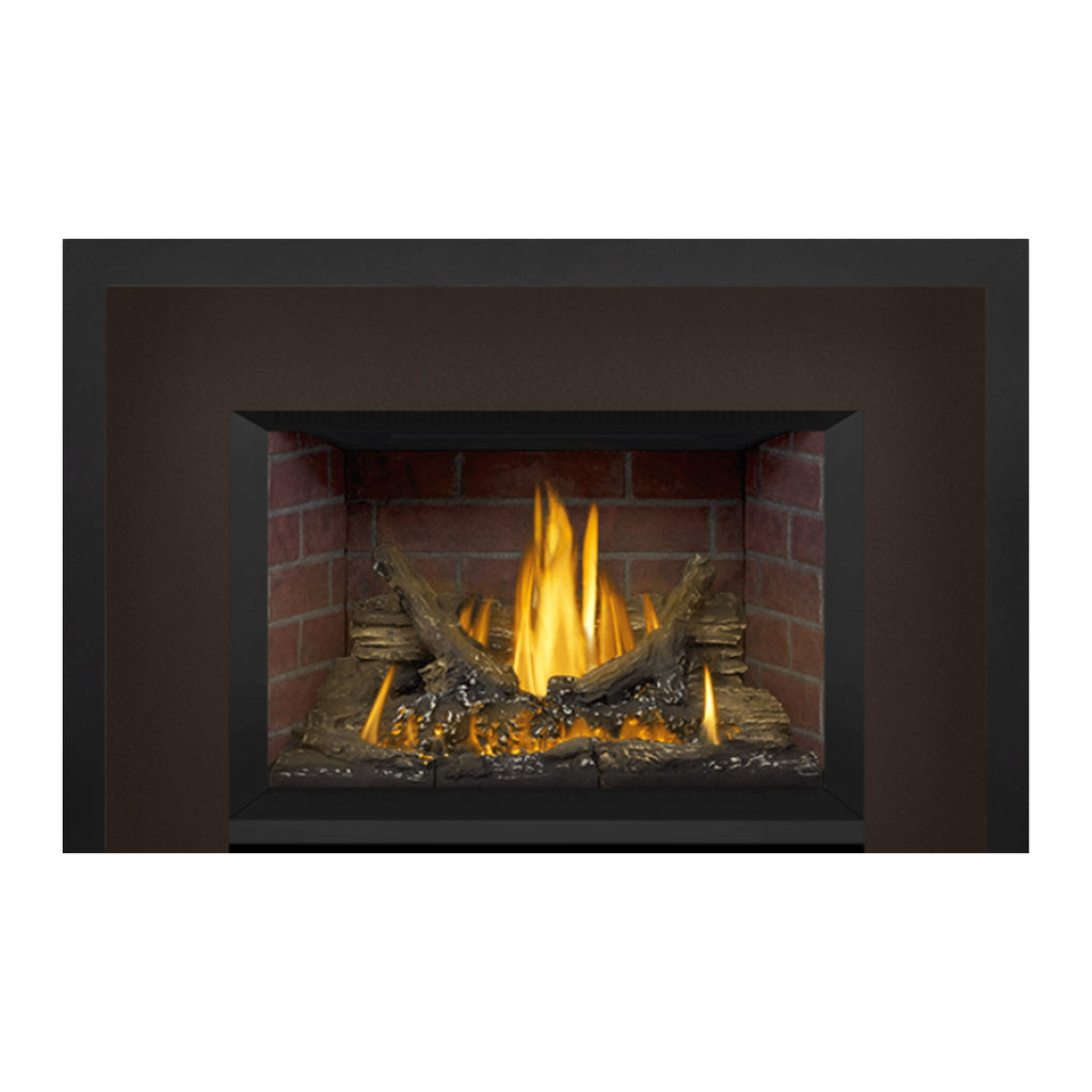 Gas fireplace insert centered in frame, brick firebox with burning logs and embers.