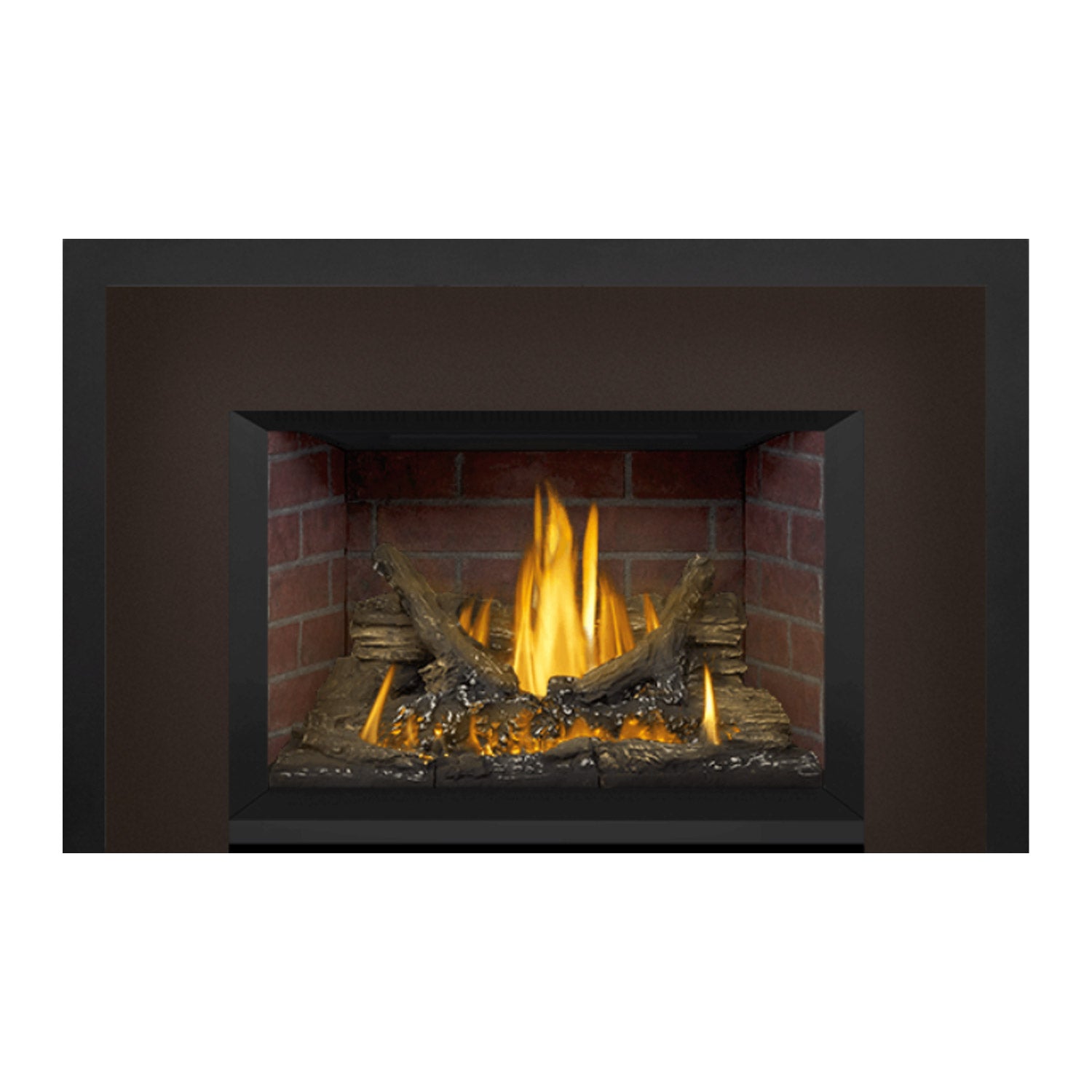 Direct vent gas fireplace insert in black surround with brick interior and burning flame over logs
