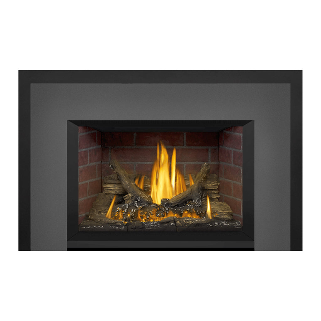 Black gas fireplace insert with brick firebox and logs, with bright yellow flames