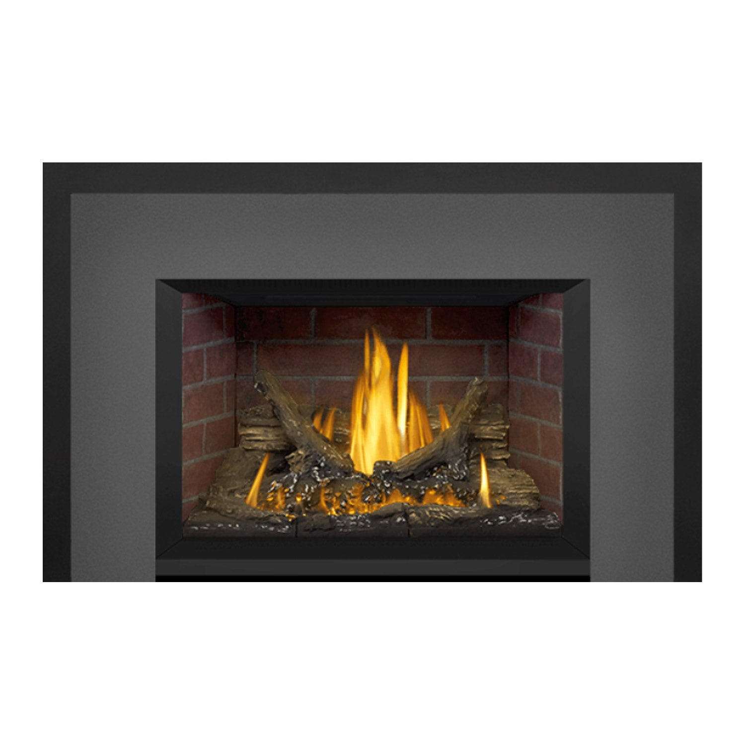Black gas fireplace insert with brick firebox and logs, with bright yellow flames