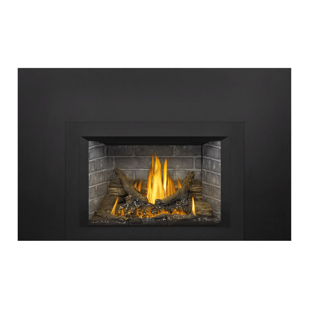 Gas direct vent fireplace insert with dark trim, glowing embers, and burning logs