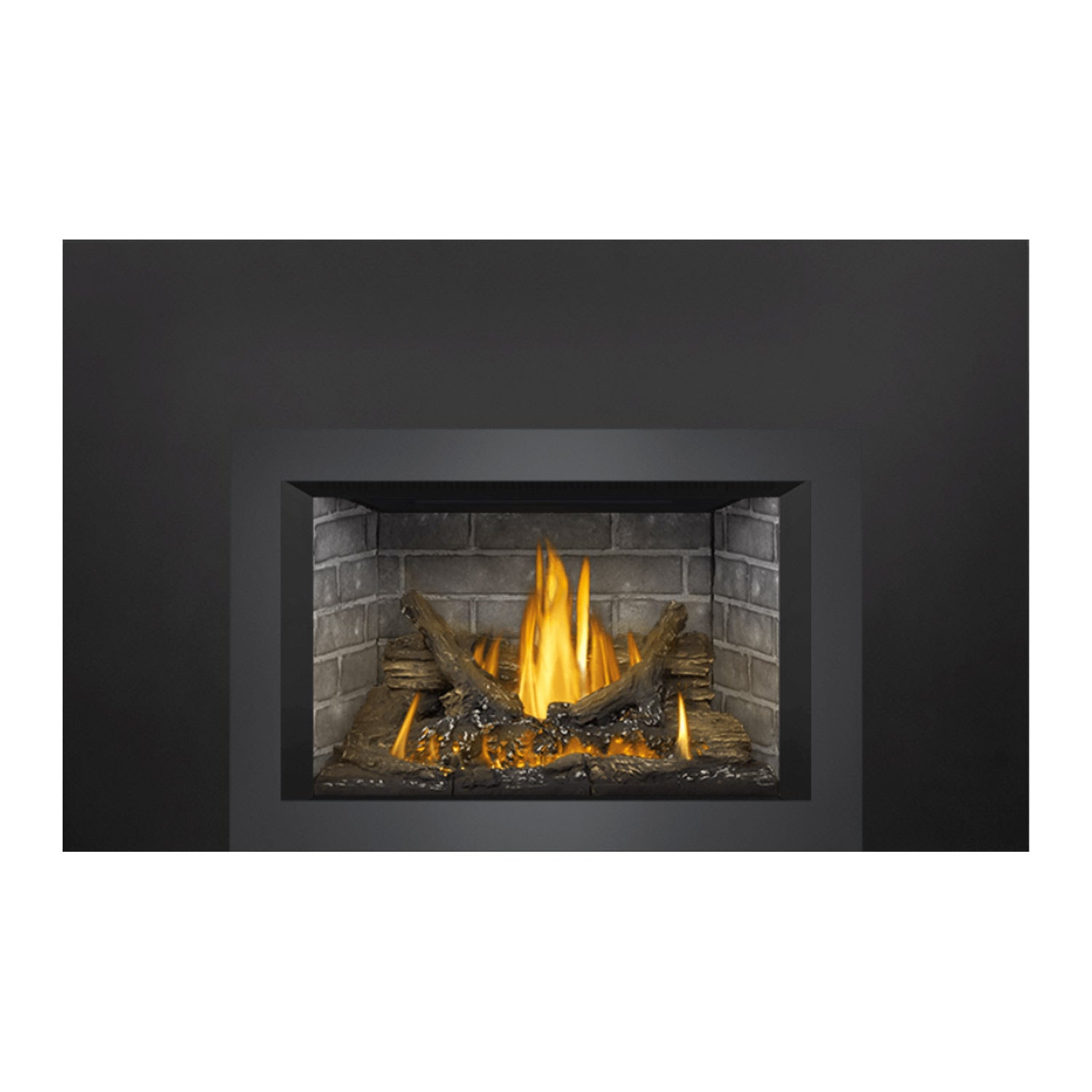 Gas fireplace insert with black surround, centered flames over faux logs and gray brick back.