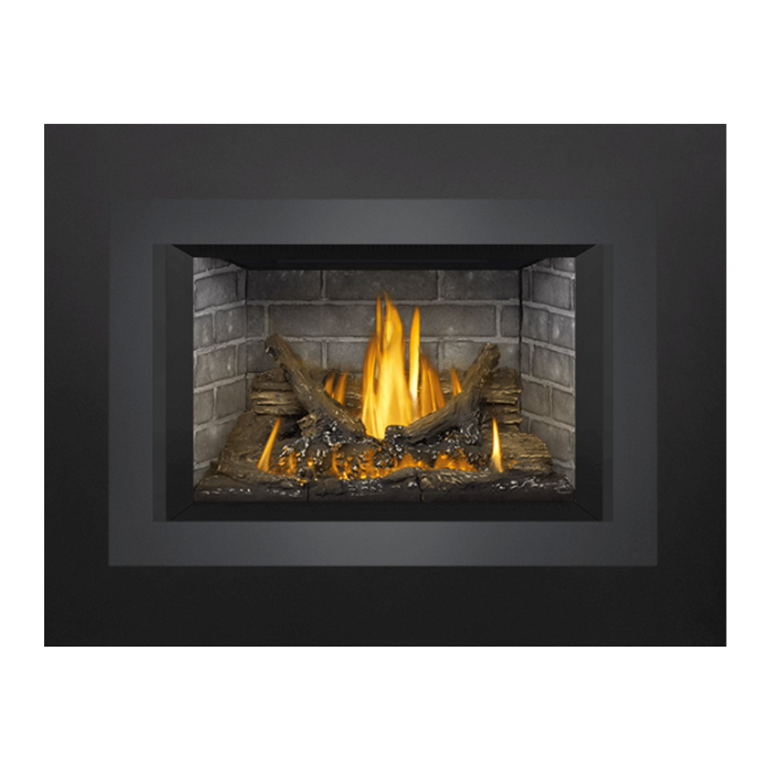 Gas fireplace insert with black surround, glowing burner flames, faux logs, and gray brick.