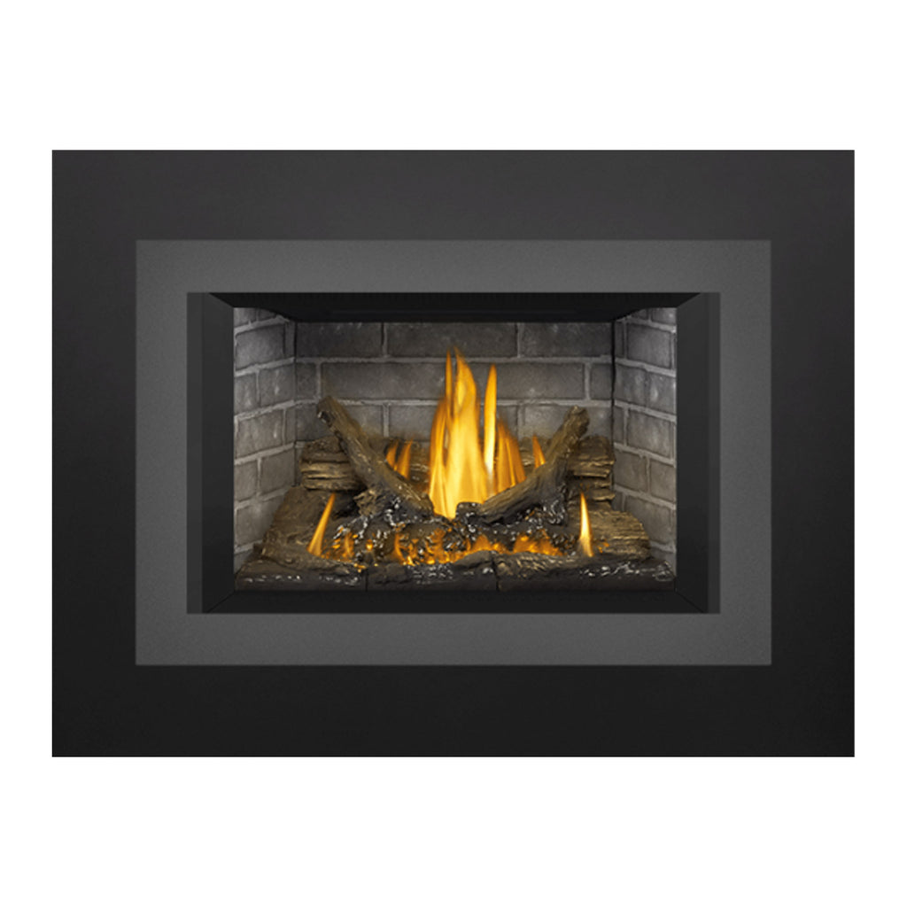 Black direct vent gas fireplace insert with burning logs and bright orange flames