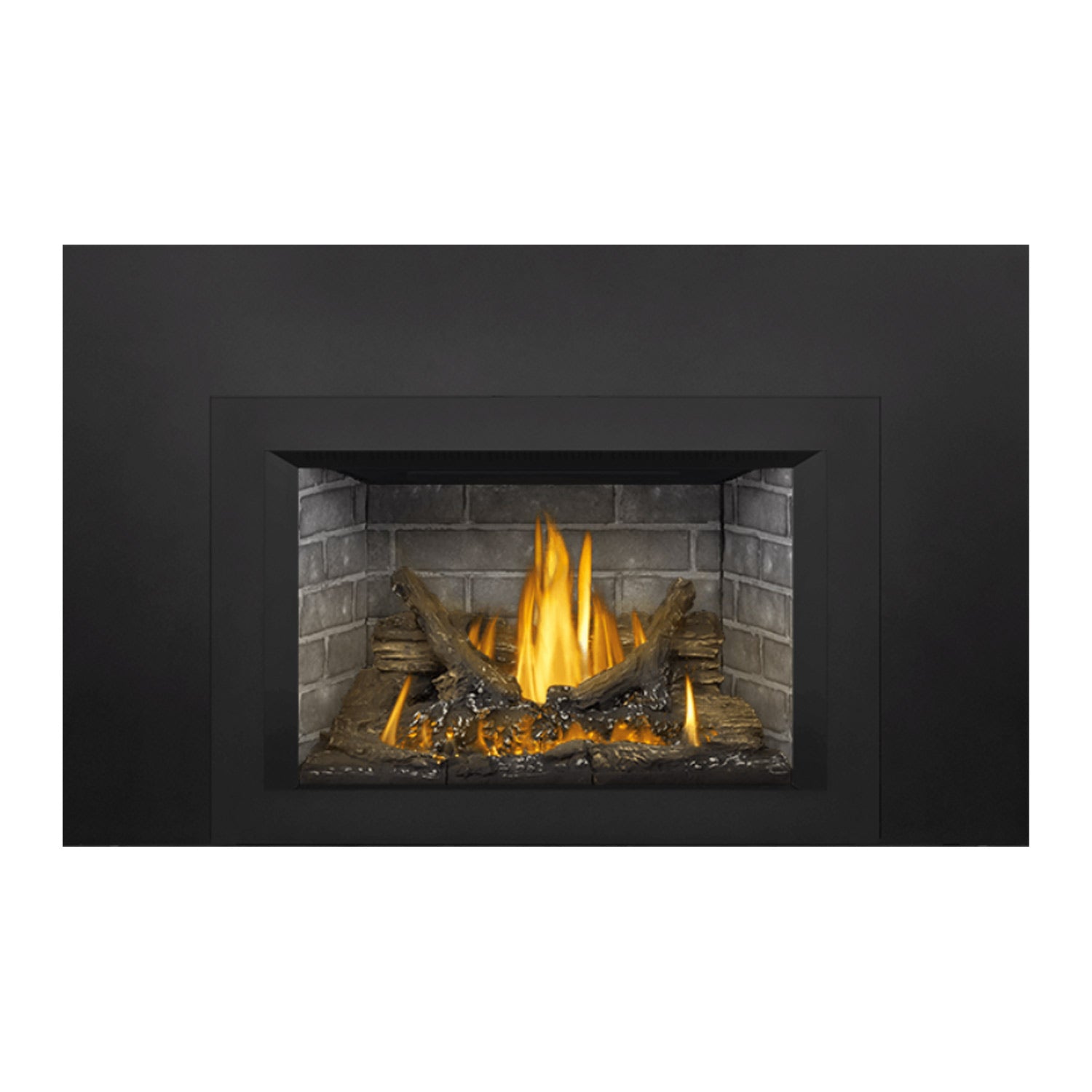 Black direct vent gas fireplace insert with rectangular glass window, flames over logs