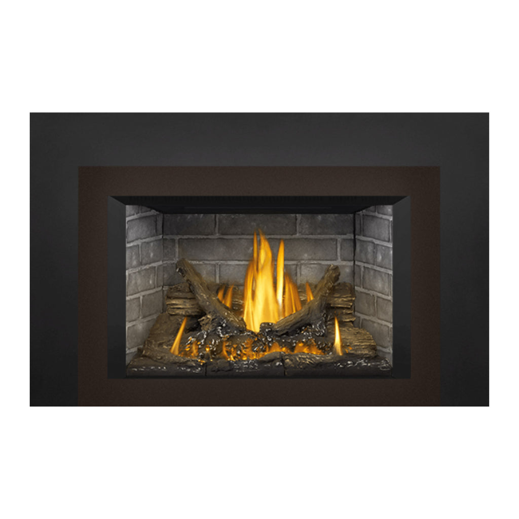 Gas direct vent fireplace insert with dark faceplate and tall yellow-orange flames