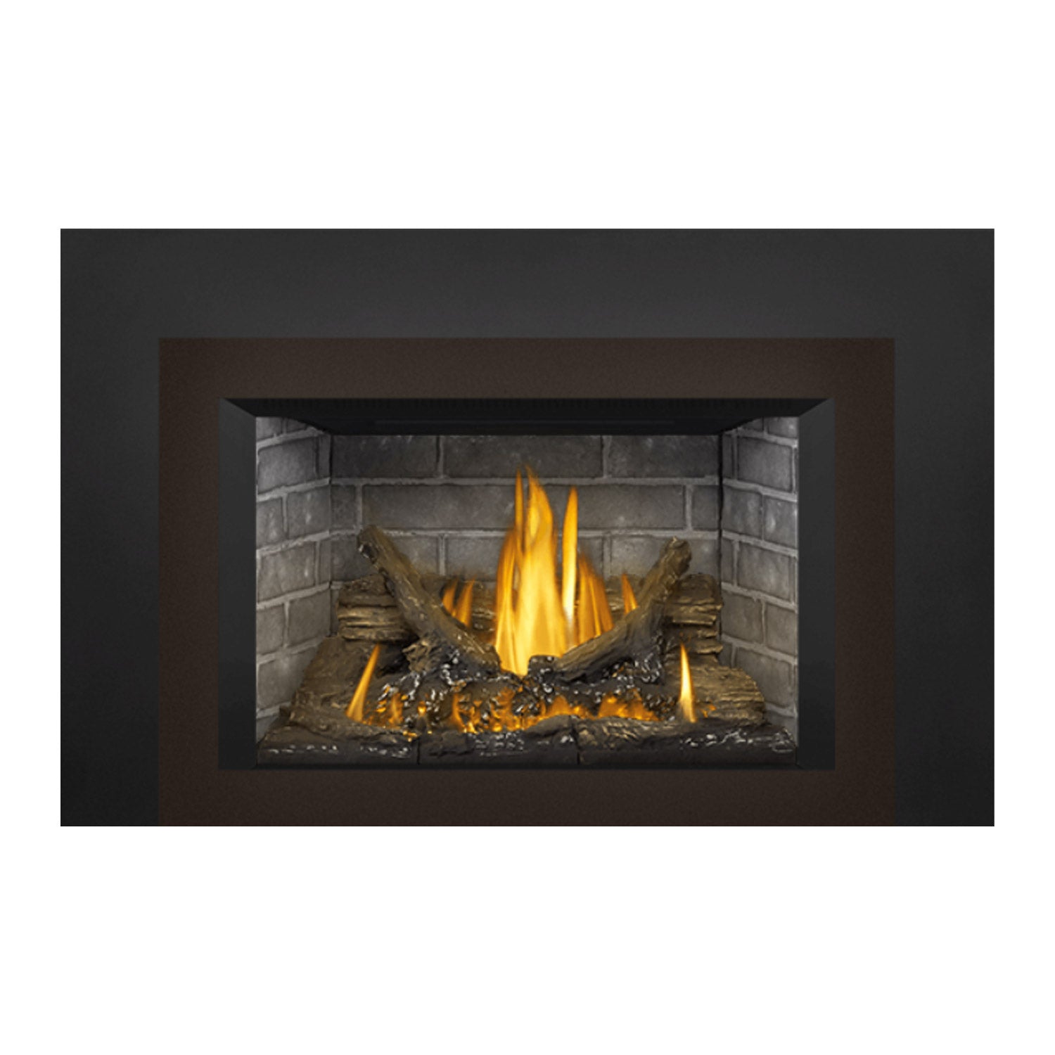 Black direct vent gas fireplace insert, centered glass opening with burning logs and embers
