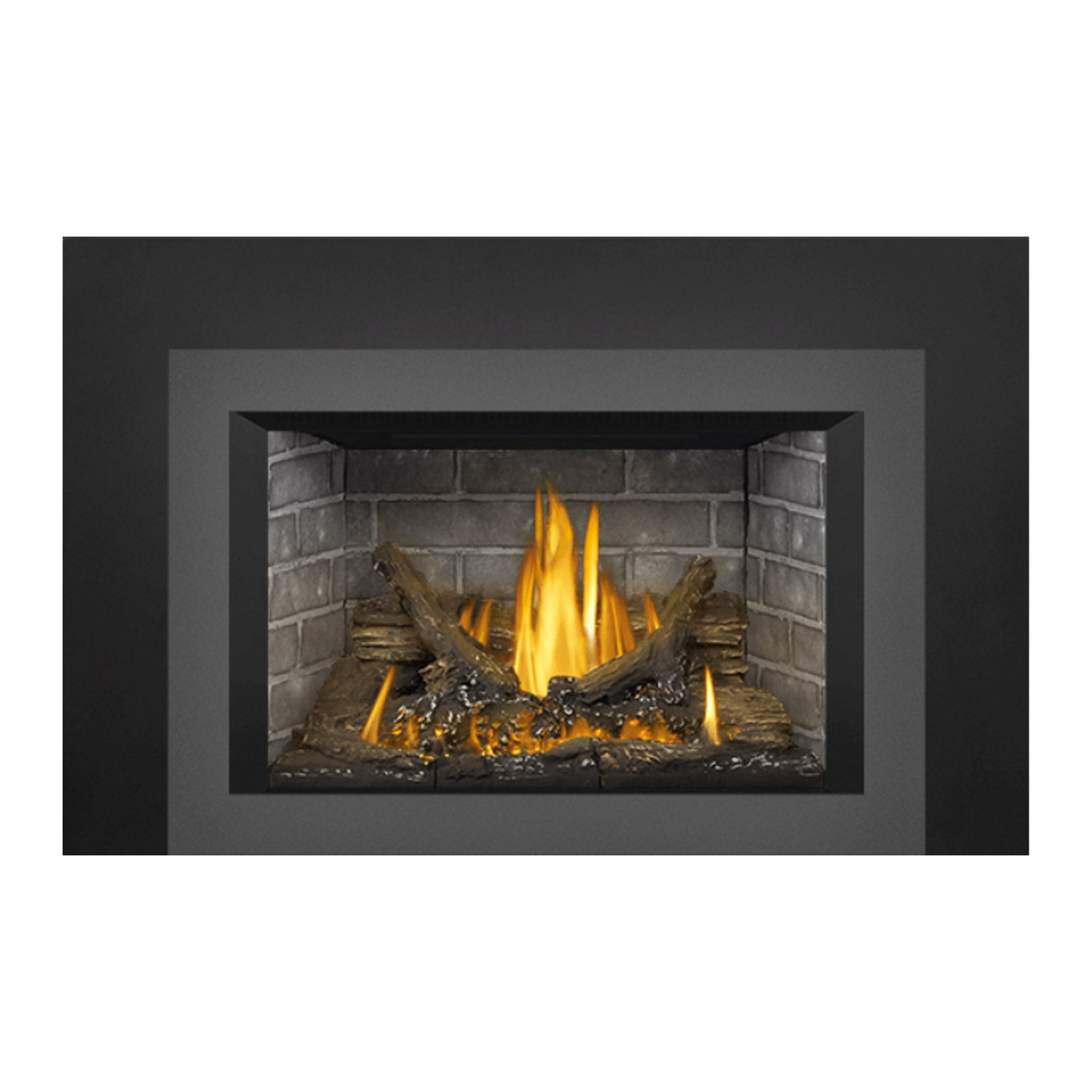 Direct vent gas fireplace insert with dark surround, brick back panel, burning logs and flames
