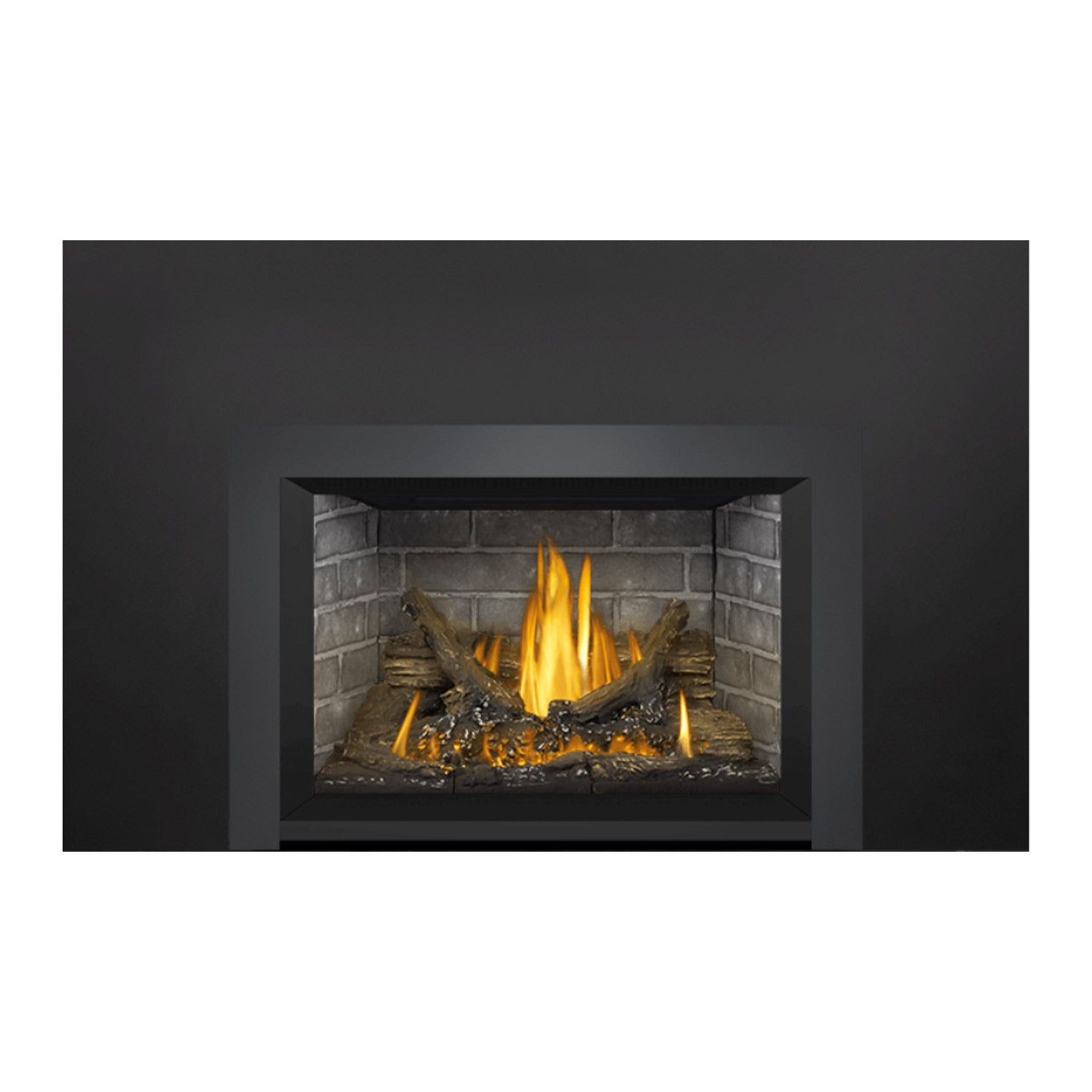 Gas direct vent fireplace insert centered with dark frame and bright flame display