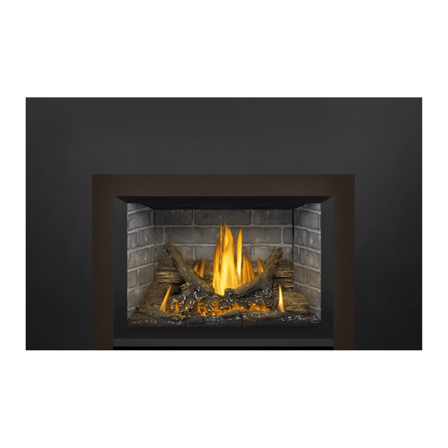 Direct vent gas fireplace insert with brick surround, glowing logs, and visible flames