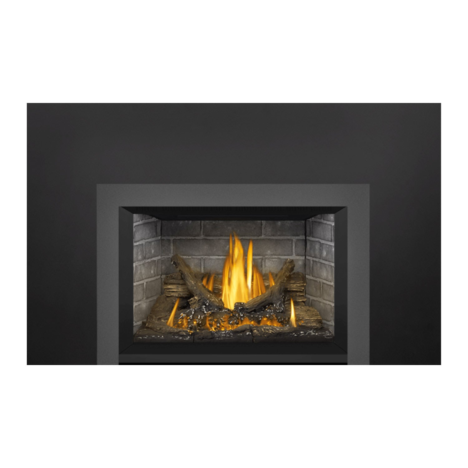 Direct vent gas fireplace insert featuring brick-lined firebox and glowing logs with flames