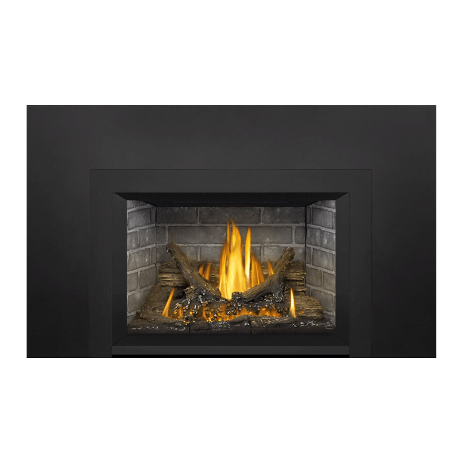 Gas fireplace insert with dark surround, gray firebox opening, glowing yellow flames.